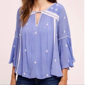 Anthropologie Embroidered Flutter Sleeve Blouse